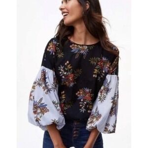 LOFT Black Floral Blouse Puff Sleeve Contrast Top Women's Small S 100% Cotton
